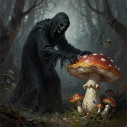 the grim reaper pulling the soul out of a humanoid mushroom. Epic dark fantasy horror stylized oil painting by Ivan Shiskin. Trending on artstation