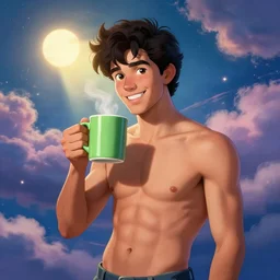 portrait of a ( ( ( una taza de cafe grande y verde ) ) ), ( ( futuro hermoso joven caliente portugues macho alegre sin camisa ) ), lleno de nubes y magia, el sol, concept character, by greg rutowski and tezuka and oi and mucha and bierstadt and remington, trending on artstation