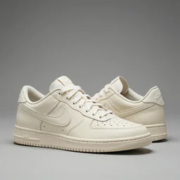 a studio photoshoot of Nike sneakers designed by Tom Sachs, cream leather with knitted mesh material, gum rubber outsole, realistic, color film photography by Tlyer Mitchell, 35 mm, graflex