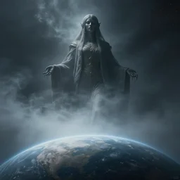 space god/goddess looming over planet, ominous, foggy, 4K, high octane