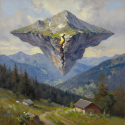 oil painting, a beautiful german mountain range with a rift in timespace hovering in the air, deflected light