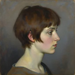 expressive medium shot profile view portrait of a beautiful young woman with tomboy short brown hair, brown and blue palette, oil painting, muted colors, artwork by lucian freud, arnold bocklin