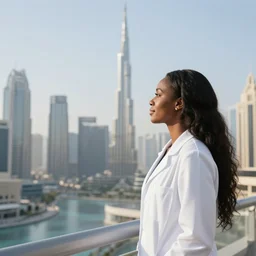 one black woman with long hair in a white lab coat gazing at the dubai skyline, artstation, wow, professional