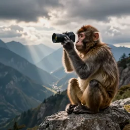 a monkey taking a photograph, mountains in the backround with clouds, as howson peter