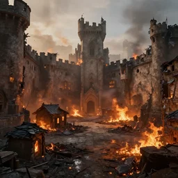 robust fantasy castle courtyard burned to the groun, fiery ambient, uplifting mood, ultra realistic, sad, small buildings, highly detailed, epic lighting, illuminated, cinematic, morning, art by eddie mendoza