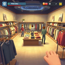 inside a clothing store, on a spaceship, from a point and click 2 d graphic adventure game, art inspired by [ [ thomas kinkade ] ] and [ mark keathley ]