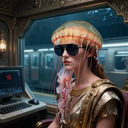 closeup view of a female jellyfish human hybrid wearing roman clothing and visor shades, inside of a dimly lit ancient Roman villa with a soviet computer console and a transparent wall with an exterior view of a NewYork subway station that is underwater, ektachrome photograph, volumetric lighting, 24mm f8 aperture