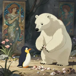 adventurous polar bear and his penguin friend on the beach collecting shells, studio ghibli, pixar and disney animation, sharp, disney concept art, maximalist, illustration by shinji kimura and alphonse mucha and alena aenami, muted color palette, ( ( ( bloom ) ) ), dramatic lighting