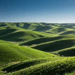 a beautiful photograph of green rolling hills, blue sky, wide angle lens