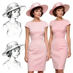 beautiful boyish jacqueline kennedy onassis 3 / 4 nose pink dress pink hat sketches game asset overlay gapmoe yandere grimdark, trending on pixiv fanbox, painted by greg rutkowski makoto shinkai takashi takeuchi studio ghibli, akihiko yoshida