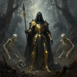 ''cinematic shot'' hooded dark demon mage reinccarnating skeletons with golden armor and spears in the dead forest full of monster atmosferic dark foggy made by ivan aivazovsky, peter mohrbacher, greg rutkowski volumetric light effect broad light oil painting painting fantasy art style sci - fi art style realism premium prints available artwork unreal engine