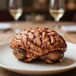 8 5 mm food photography of a large grilled brain at a restaurant with dof and bokeh and wine glasses out of focus in the background. highly detailed 8 k. intricate. lifelike. soft diffused light. nikon d 8 5 0.
