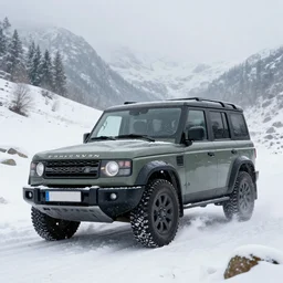 a landrover crossing the alps while its snowing, digital art, artstation, photgraphy, highly detailed, digital painting, artstation, concept art, sharp focus, illustration, art by greg rutkowski and artgerm