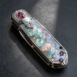 mother of pearl intricate reflection pocket knife rubies and diamonds raytraced
