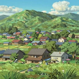 A scenic view of the small village, by Makoto Shinkai and Thomas Kinkade, beautiful matte painting, trending on cgsociety and unreal engine，light effect，highly detailed，super wide angle，