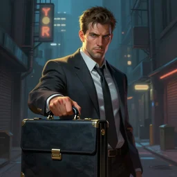 portrait of a businessman handing the viewer a briefcase, detailed digital illustration by greg rutkowski, cyberpunk back alley, nighttime