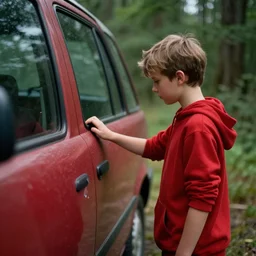 boy in red is knocking the front door of a cabine in a forest, detailed, strong lighting, very conherent, by campion, pascale, trending on artstation