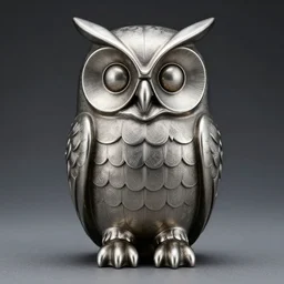 symmetrical detailed sculpture of an owl, made of Anodized Titanium