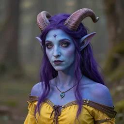 a shy purple skin horned tiefling woman, blue skin, ( ( with yellow clothes ) ), gentle portrait by daniel docciu and christophe young