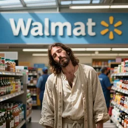 jesus looking exhausted while leaving his midday shift at walmart