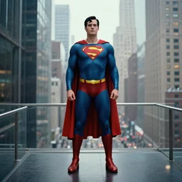 Superman at a distance in New York, futuristic film photo, grainy, high detail, high resolution