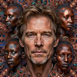 willem dafoe facial expressions, by fiona staples and dustin nguyen, peter elson, alan bean, wangechi mutu, metallic colors, fractals, deepdream, oxidized copper, led light, highly detailed and intricate, psychedelic, sharp focus,