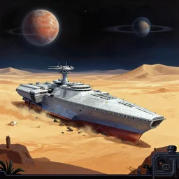 in front of a crashed battle cruiser on a remote desert planet, from a space themed point and click 2 d graphic adventure game, art inspired by thomas kinkade