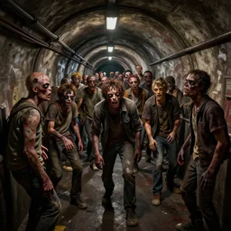 a subway tunnel full of zombies, realistic, extremely detailed, sharp focus, wide view, smooth, digital illustration, intense colors, octane render, unreal engine 6, ray tracing, by james jean, by rossdraws, by frank franzzeta, by mcbess, by sakimichan, by brosmin, by danton fadeev, by steve simpson