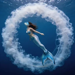 surrealistic mermaid, half fish half woman , woman with fish head, diving in the air rounded by jelly clouds made by national geographic underwater photographer 4k, 8k,