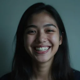 a smiling woman with hundreds of teeth. 3 5 mm f / 2. 8, moody lighting.