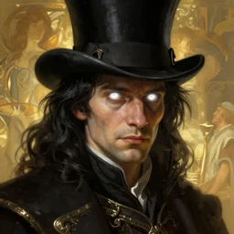 Portrait of Abradolf Lincler, white glowing eyes, black shaggy hair, top hat, male, fantasy, extremely detailed, digital painting, artstation, concept art, smooth, sharp focus, illustration, stunning lighting, art by artgerm and greg rutkowski and alphonse mucha and simon stalenhag, realistic character concept, high fantasy, light atmosphere, golden ratio, cinematic lighting, hyperdetailed, high resolution, insanely detailed and intricate, artstation, Marc Simonetti, Greg Rutkowski, 8k