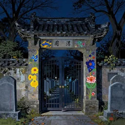 a kitsugi illustration titled in front of the cemetery gates, moody, sharp, night, exquisite, vibrant colors, ultra wide angle, masterpiece, cinematic, high detail, by karl kopinski, by kim jung ji