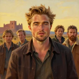 portrait of robert pattinson, blonde, new mexico background painted by james gurney, greg rutkowski, by craig mullins, frederic leighton, very romantic, beautiful textures, golden hour lighting
