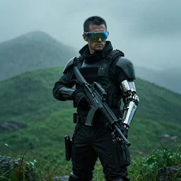 still from bladerunner 2049 (2017) man wearing black tactical gear armor. mountain in background ((obscured by fog)) volumetric raining. green hill. Cyberpunk soldier holding rifle intimidating, reflective visor, emissive details. dark low exposure overcast skies. Cybernetic arm robotic arm metal reflective.