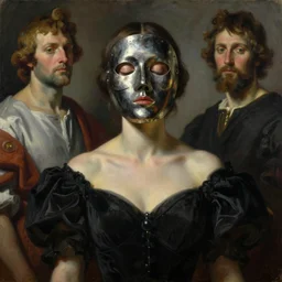 The portrait of beautiful woman with closed eyes in steel full-face occult mask and black dress by Ilya Repin, William Blake, Michelangelo da Caravaggio and Beksinski, highly detailed oil painting, Beinart Gallery, Arcadia gallery, trending by artstation, dramatic volumetric lighting, fantasy character, 4k, masterpiece