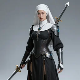 photo of a futuristic nun warrior with weapons