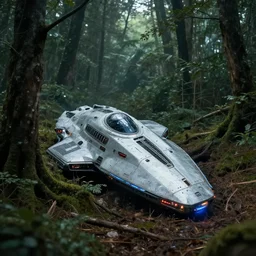 an alien spaceship half-buried in the woods, by Craig Mullins, cinematic lighting, concept art, trending on artstation