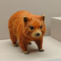a taxidermized annoying orange, in a museum, 8 5 mm lens