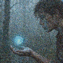 close up of a dirty lost person is following a small floating blue softly glowing ball of light through a foggy swamp, art by Agus SW .