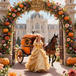 fairytale princess entering the gates of her majestic palace of flowers with horse driven carriage made of pumpkins epic scene unreal render hyperrealistic detail Star Wars