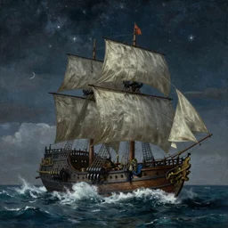 Pirate ship sailing on a sea of cloud, by Ilya Repin. star lit sky, ultra realistic.