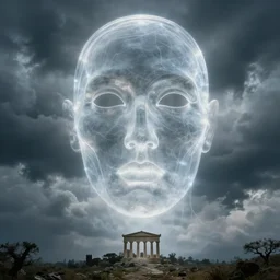 eerie, greek fantasy landscape, a giant translucent shining ghost face in the stormy clouds, stanley kubrick movie frame, sharp focus, hyperrealistic