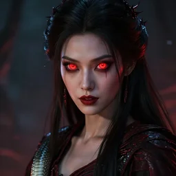 beautiful snake eyed female witch with glowing red snake eyes, photoreal, dramatic, cinematic, detailed, magnificiant, realistic, photo real, unreal engine 5, rule of thirds, dynamic lighting, in the style of eddie mendoza and sebastian luedke