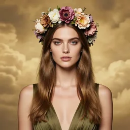 beautiful female supermodel upper body shot wearing bridal flower crown close up portrait symmetrical front, olive dress, long light brown hair, by amy leibowitz, wlop, jeremy lipkin, beeple, intricate, artgerm, ilya kuvshinov, golden clouds background, centered