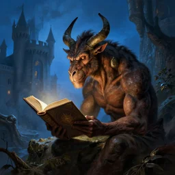 minotaur reading a book of magic in fantasy castle by rembrandt, blue backlight