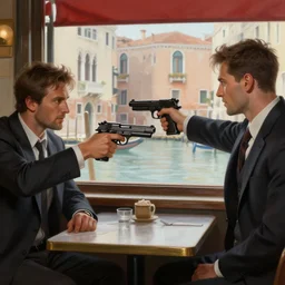 two criminals in suits pointing 9 mm pistols at each other in a cafe in venice, window overlooking venice canals, digital painting, amazing detail, sharp, intricate, smooth, realistic faces, artstation, in the style of greg rutkowski and artgerm