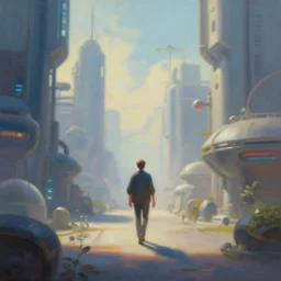 a surreal pastel painting with a tilt - shift effect of a man walking through a science fiction - based city, dramatic lighting, depth of field, dreamy