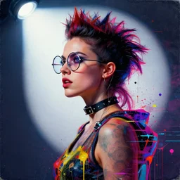 a punk girl wearing circular glasses, wearing a choker, side portrait, defiant, passionate, spotlight, paint drips, glitching paint splatter, vibrant colors, dramatic, canvas texture, futuristic clothing, digital painting, photography collage by marco paludet, by jeremy mann, by hannah hoch