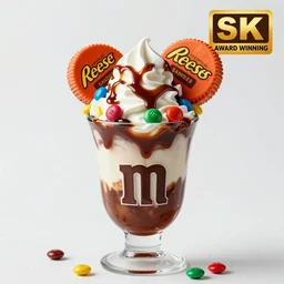 photo of a bbq sauce sundae with m & ms and reese's cups, award winning, photorealistic, 8 k