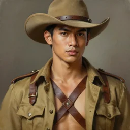 pretty face and smart and handsome thai hunter in armed, close - up portrait, with khaki western hat, ww 2 khaki safari hunter costume, intricate, with leather armor cross onbare chest, elegant, loin cloth, highly detailed, oil painting, artstation, concept art, matte, sharp focus, illustration, hearthstone, art by earl norem and lixin yin and denys tsiperko